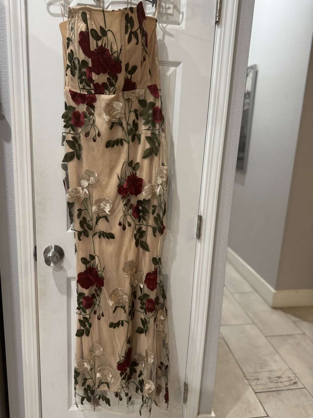 Fashion Nova Strapless Floral Embroidered Beige Dress with Red and Green Accents